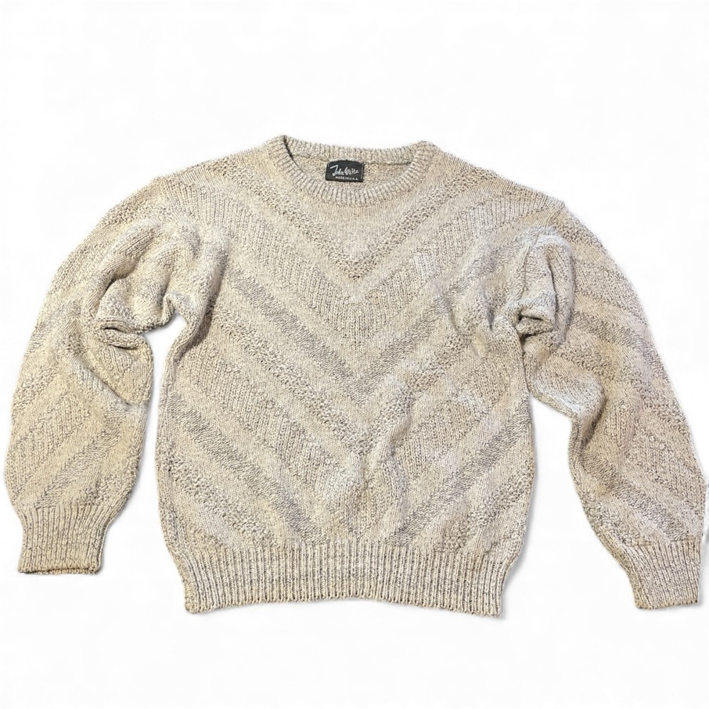 John Weitz 80’s Men's Beige Chevron Boxy Grandpa Sweater Made in USA Small